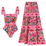 Pink Floral Paradise Print One Piece Swimsuit and Skirt