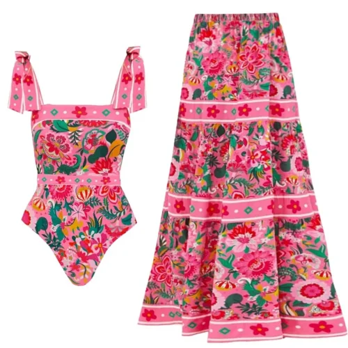 Pink Floral Paradise Print One Piece Swimsuit and Skirt