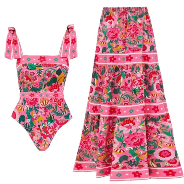 Pink Floral Paradise Print One Piece Swimsuit and Skirt