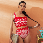 Red Wavy Stripe Bikini Set with Matching Skirt