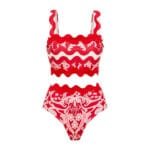 Red Wavy Stripe Bikini Set with Matching Skirt
