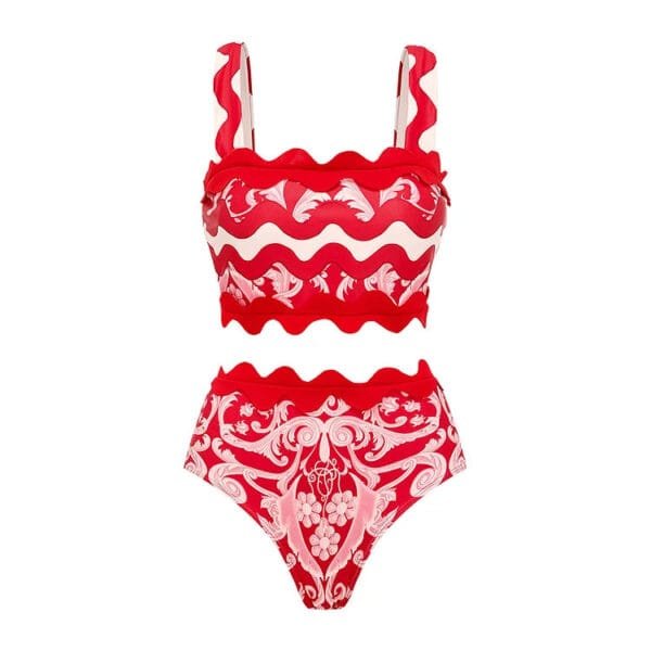 Red Wavy Stripe Bikini Set with Matching Skirt