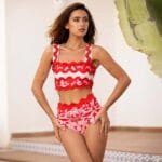Red Wavy Stripe Bikini Set with Matching Skirt