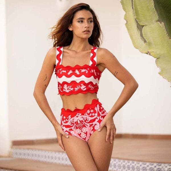 Red Wavy Stripe Bikini Set with Matching Skirt