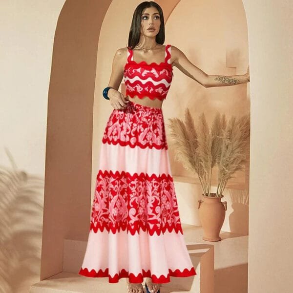 Red Wavy Stripe Bikini Set with Matching Skirt