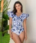 V-Neck One-Piece Swimsuit with Matching Skirt Set