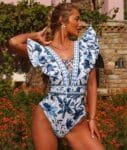 V-Neck One-Piece Swimsuit with Matching Skirt Set