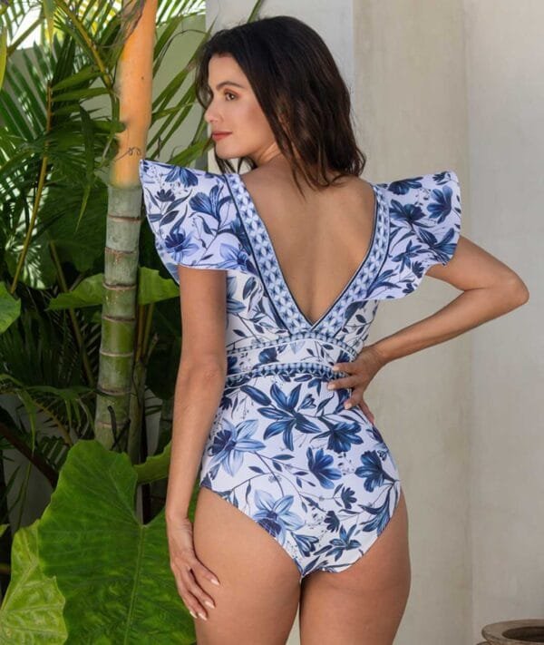 V-Neck One-Piece Swimsuit with Matching Skirt Set