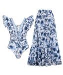 V-Neck One-Piece Swimsuit with Matching Skirt Set