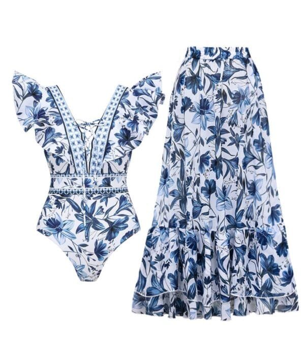 V-Neck One-Piece Swimsuit with Matching Skirt Set