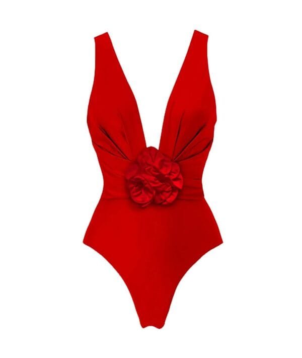Red One-Piece Swimsuit with Detachable 3D Flower & Skirt
