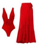 Red One-Piece Swimsuit with Detachable 3D Flower & Skirt