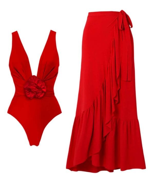 Red One-Piece Swimsuit with Detachable 3D Flower & Skirt