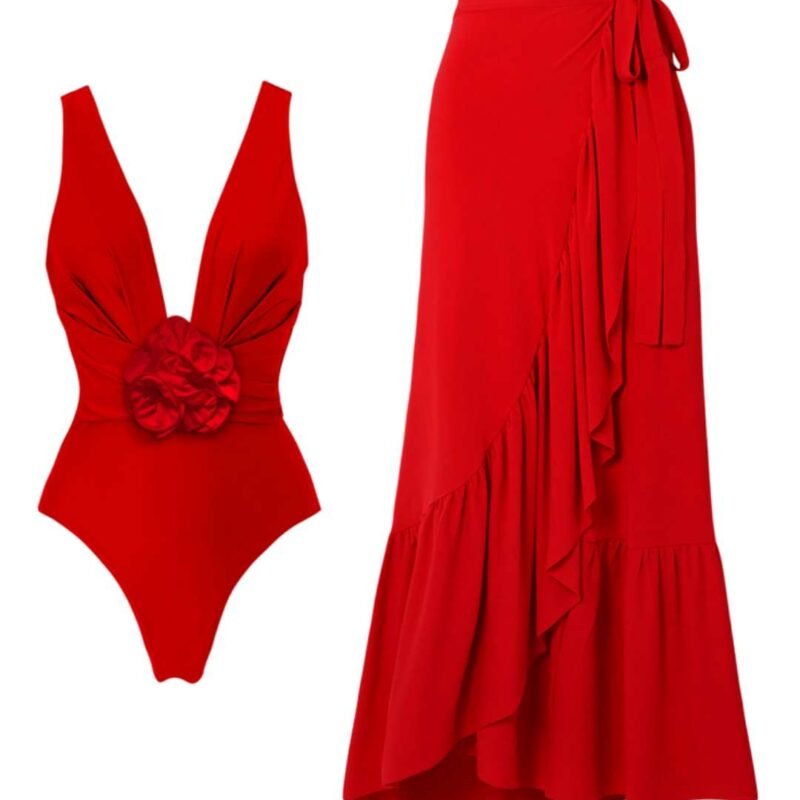 Red One-Piece Swimsuit with Detachable 3D Flower & Skirt