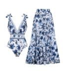 V-Neck One-Piece Swimsuit with Matching Skirt Set