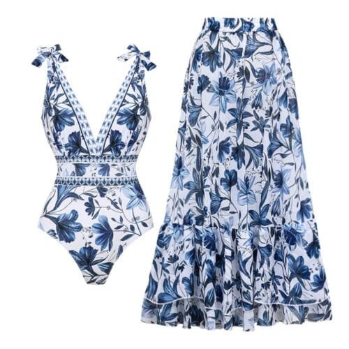 V-Neck One-Piece Swimsuit with Matching Skirt Set