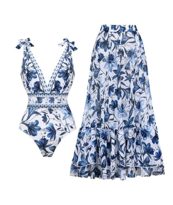 V-Neck One-Piece Swimsuit with Matching Skirt Set