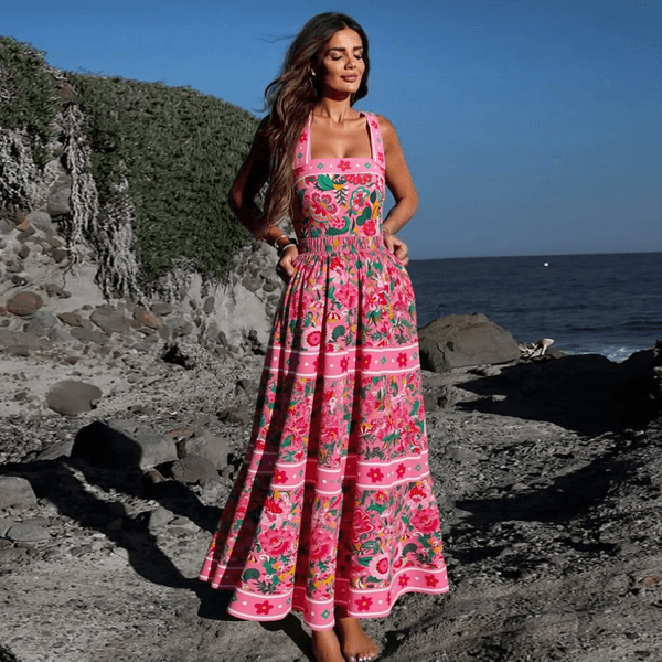 Pink Floral Paradise Print One Piece Swimsuit and Skirt