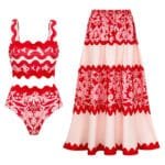 Red Wavy Stripe Bikini Set with Matching Skirt
