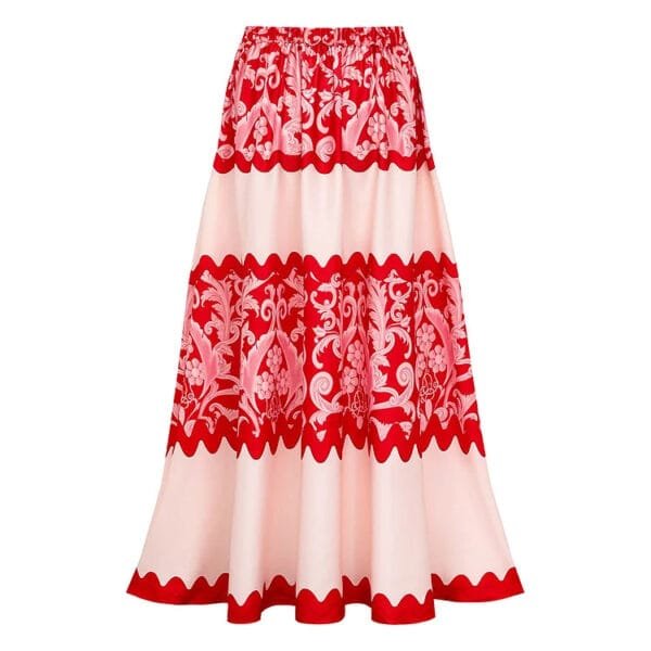 Red Wavy Stripe Bikini Set with Matching Skirt