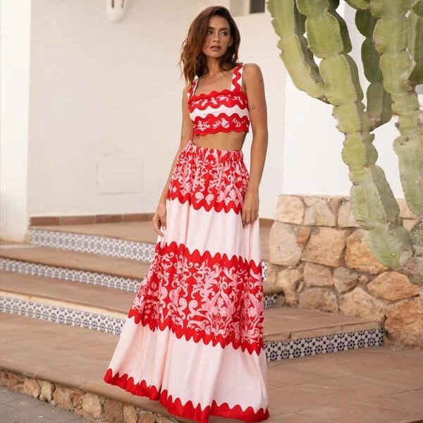 Red Wavy Stripe Bikini Set with Matching Skirt