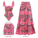 Pink Floral Paradise Print One Piece Swimsuit and Skirt
