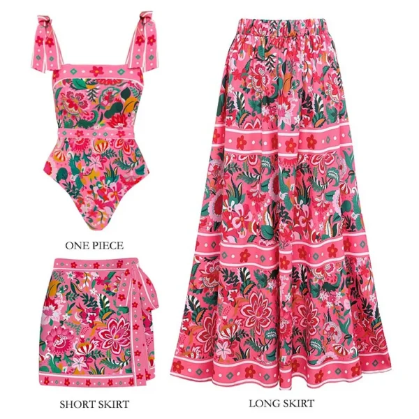 Pink Floral Paradise Print One Piece Swimsuit and Skirt