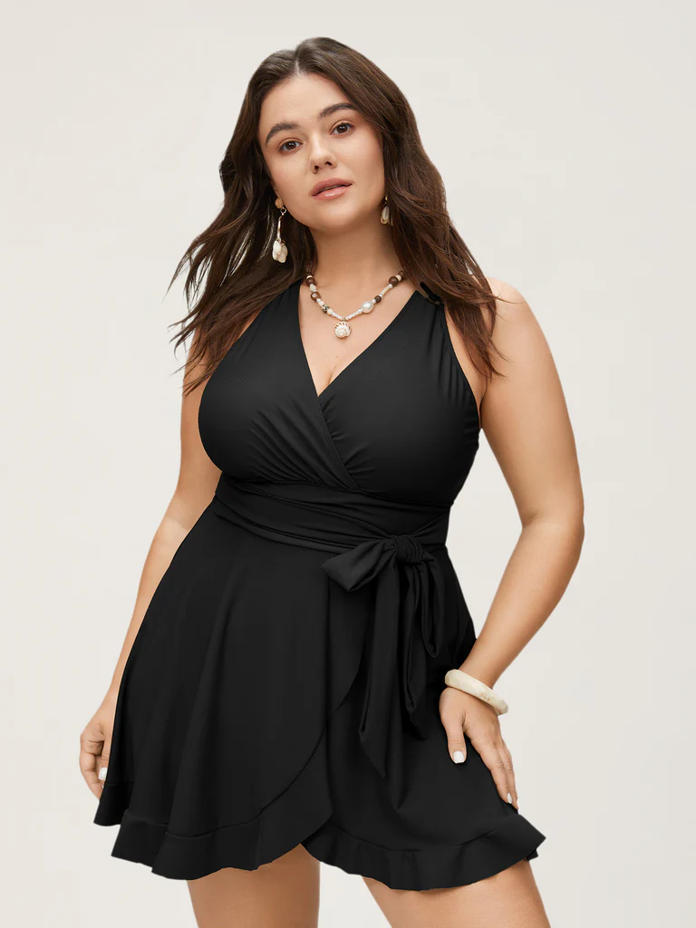 Black wrap dress with flared skirt - Luxury Designer Swimwear Matching Sets by Vevri Boutique